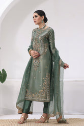 Daisy Pista Color Silk Embroidery Anarkali Suit